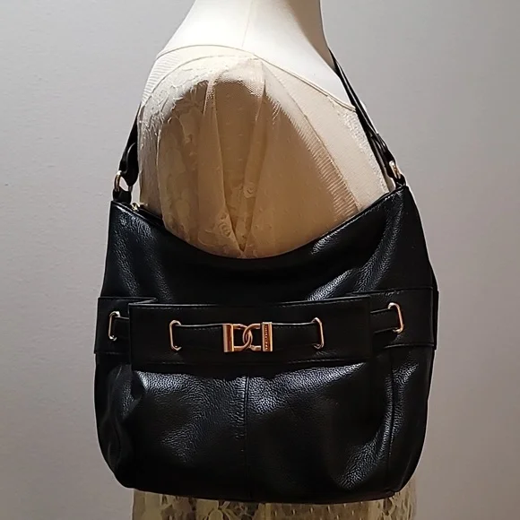 Tignanello Black Leather Bikercore Bohemian Hobo Shoulder Bag Satchel PurseTote - Picture 1 of 16